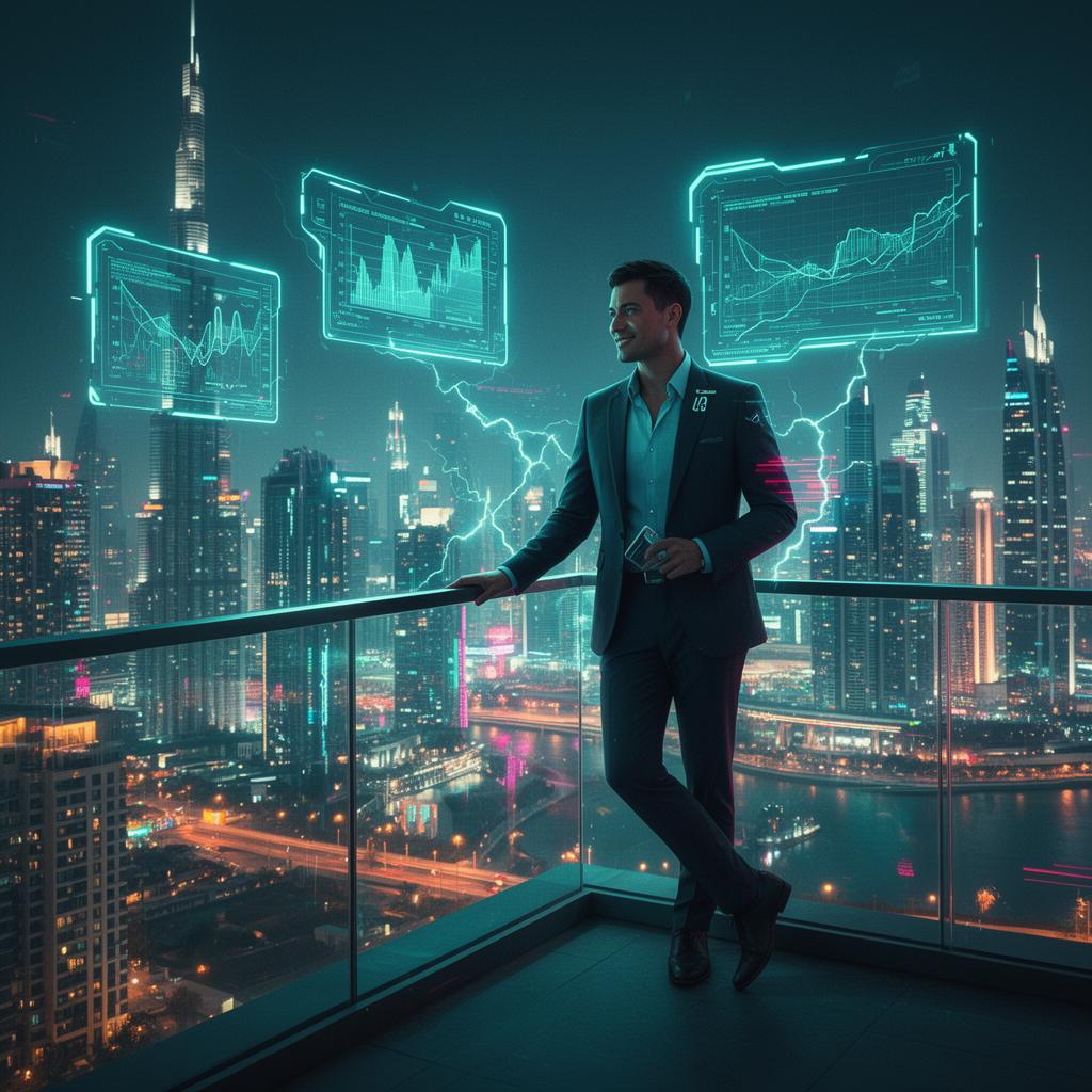 Investor overlooking a futuristic city skyline with floating data panels
